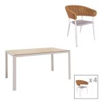 Τραπεζαρία Nares-Raven A σετ 5τεμ λευκό αλουμίνιο και plywood σε φυσική απόχρωση 140x80x72.5εκ