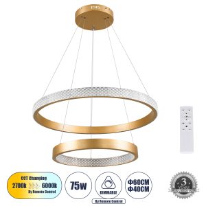 DIAMOND DUO Κρεμαστό Φωτιστικό Δαχτυλίδι-Κύκλος LED CCT 75W 8743lm 360° AC 220-240V - Εναλλαγή Φωτισμού μέσω Τηλεχειριστηρίου All In One Ψυχρό 6000k+Φυσικό 4500k+Θερμό 2700k Dimmable Φ40+60cm - Χρυσό Βούρτσας