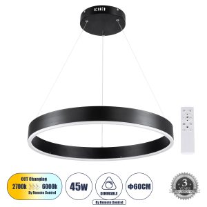 VENOM Κρεμαστό Φωτιστικό Δαχτυλίδι-Κύκλος LED CCT 45W 5269lm 120° AC 220-240V - Εναλλαγή Φωτισμού μέσω Τηλεχειριστηρίου All In One Ψυχρό 6000K+Φυσικό 4500K+Θερμό 2700K Dimmable Φ60cm - Μαύρο
