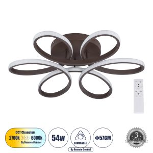 MARGARET Μοντέρνο Κρεμαστό Φωτιστικό Οροφής LED 54W 6210lm 360° AC 220-240V IP20 Ρυθμιζόμενο Λευκό CCT με Χειριστήριο από 2700K έως 6000K Dimmable - Lumileds SMD Chip - Καφέ Ματ - Μ57 x Π57 x Υ12cm