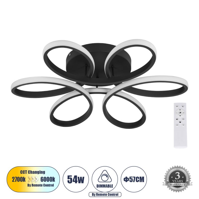 MARGARET Μοντέρνο Φωτιστικό Οροφής LED 54W 6210lm 360° AC 220-240V IP20 Ρυθμιζόμενο Λευκό CCT με Χειριστήριο από 2700K έως 6000K Dimmable - Lumileds SMD Chip - Μαύρο Ματ - Μ57 x Π57 x Υ12cm
