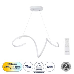 SPIRALE Κρεμαστό Φωτιστικό Οροφής Design LED CCT 75W 8400lm 300° AC 220-240V - Εναλλαγή Φωτισμού μέσω Τηλεχειριστηρίου All In One Ψυχρό 6000k+Φυσικό 4500k+Θερμό 2700k Dimmable Μ72 x Π25 x Υ30cm - Λευκό