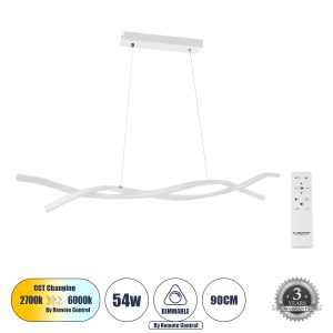MORALES Κρεμαστό Φωτιστικό Οροφής Design LED CCT 54W 6048lm 200° AC 220-240V - Εναλλαγή Φωτισμού μέσω Τηλεχειριστηρίου All In One Ψυχρό 6000k+Φυσικό 4500k+Θερμό 2700k Dimmable Μ90 x Π14 x Υ14cm - Λευκό