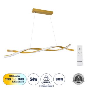 MORALES Κρεμαστό Φωτιστικό Οροφής Design LED CCT 54W 6048lm 200° AC 220-240V - Εναλλαγή Φωτισμού μέσω Τηλεχειριστηρίου All In One Ψυχρό 6000k+Φυσικό 4500k+Θερμό 2700k Dimmable Μ90 x Π14 x Υ14cm - Χρυσό Πλατίνα