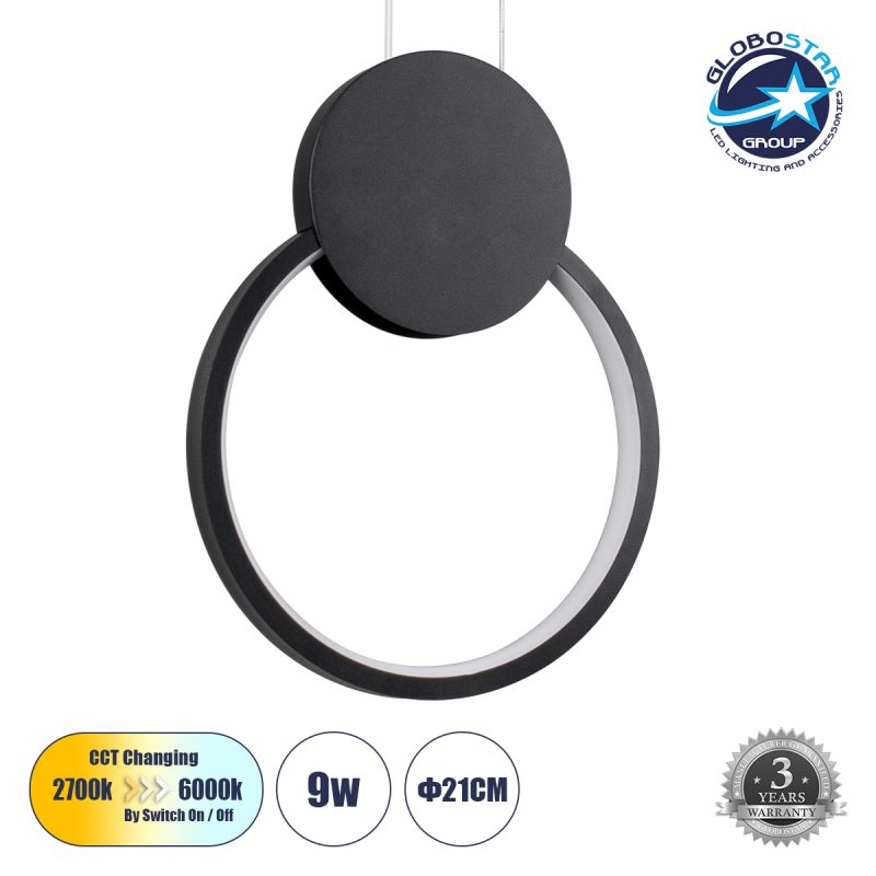 CYCLOS Κρεμαστό Φωτιστικό Οροφής Design LED CCT 9W 1080lm 300° AC 220-240V - Εναλλαγή Φωτισμού μέσω Διακόπτη On/Off All In One Ψυχρό 6000k+Φυσικό 4500k+Θερμό 2700k Μ21 x Π2.3 x Υ26.5cm - Μαύρο