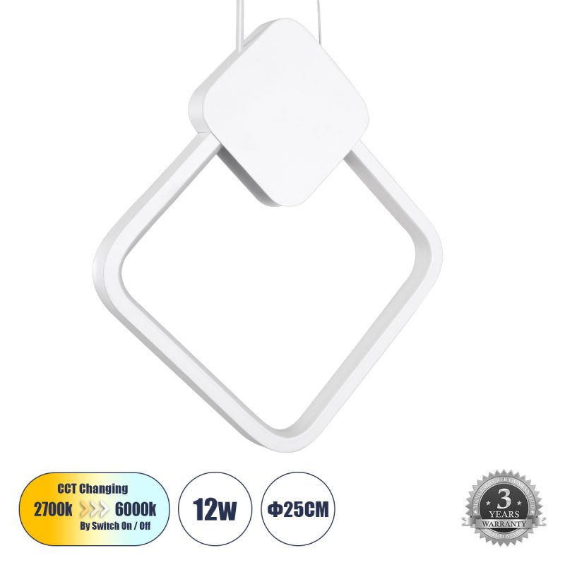 MARY Κρεμαστό Φωτιστικό Οροφής Design LED CCT 12W 1440lm 300° AC 220-240V - Εναλλαγή Φωτισμού μέσω Διακόπτη On/Off All In One Ψυχρό 6000k+Φυσικό 4500k+Θερμό 2700k Μ20 x Π2.3 x Υ28.5cm - Λευκό