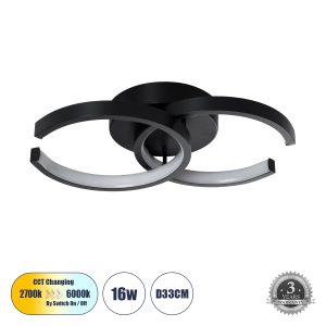 EVA Μοντέρνο Φωτιστικό Οροφής LED 16W 1920lm 300° AC 220-240V IP20 Ρυθμιζόμενο Λευκό CCT με On/Off 2700K/4500K/6000K - Lumileds SMD Chip - Μαύρο Ματ - Μ33 x Π21 x Υ7cm