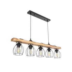 BARISTA Vintage Κρεμαστό Φωτιστικό Ράγα Πολύφωτο 5 x E27 IP20 Μαύρο Μεταλλό με Μπεζ Ξύλο - Μ50 x Π8 x Υ3cm