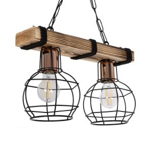 STARLO Vintage Κρεμαστό Φωτιστικό Ράγα Δίφωτο 2 x E27 IP20 Μπεζ Ξύλο με Μαύρο Μέταλλο - Μ40 x Π15x Υ65cm