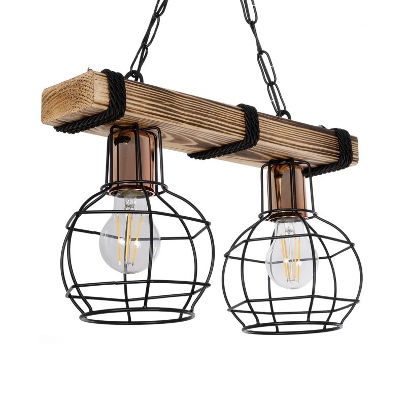 STARLO Vintage Κρεμαστό Φωτιστικό Ράγα Δίφωτο 2 x E27 IP20 Μπεζ Ξύλο με Μαύρο Μέταλλο - Μ40 x Π15x Υ65cm