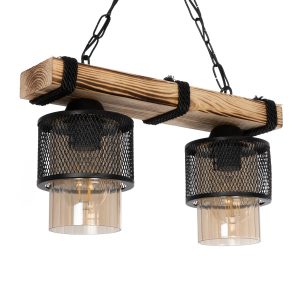 GLORA Vintage Κρεμαστό Φωτιστικό Ράγα Δίφωτο 2 x E27 IP20 Μπεζ Ξύλο με Μαύρο Μέταλλο & Μελί Γυαλί - Μ38 x Π12 x Υ21cm