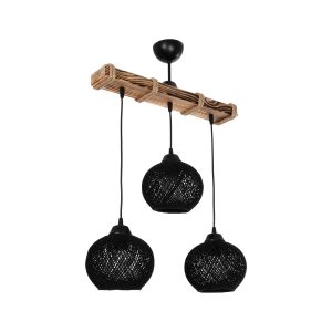 LUMA Vintage Κρεμαστό Φωτιστικό Ράγα Τρίφωτο 3 x E27 IP20 Μπεζ Ξύλο με Μαύρο Σχοινί - Μ55 x Π18 x Υ65cm