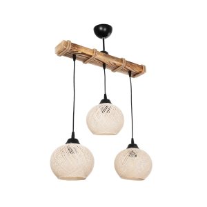 LUMA Vintage Κρεμαστό Φωτιστικό Ράγα Τρίφωτο 3 x E27 IP20 Μπεζ Ξύλο με Μπεζ Σχοινί - Μ55 x Π18 x Υ65cm