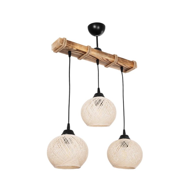 LUMA Vintage Κρεμαστό Φωτιστικό Ράγα Τρίφωτο 3 x E27 IP20 Μπεζ Ξύλο με Μπεζ Σχοινί - Μ55 x Π18 x Υ65cm