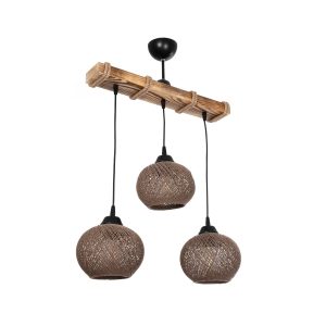 LUMA Vintage Κρεμαστό Φωτιστικό Ράγα Τρίφωτο 3 x E27 IP20 Μπεζ Ξύλο με Καφέ Σχοινί - Μ55 x Π18 x Υ65cm