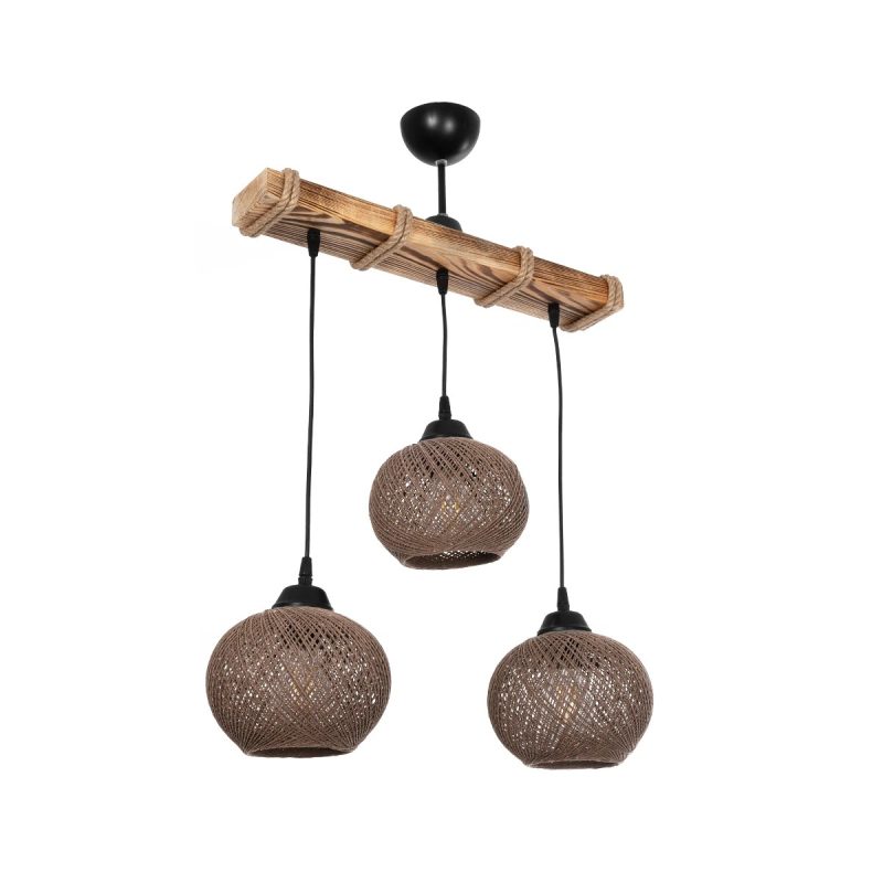 LUMA Vintage Κρεμαστό Φωτιστικό Ράγα Τρίφωτο 3 x E27 IP20 Μπεζ Ξύλο με Καφέ Σχοινί - Μ55 x Π18 x Υ65cm