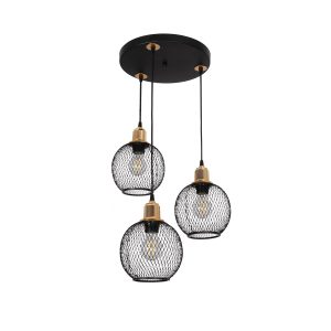 VIVIDUS Vintage Κρεμαστό Φωτιστικό Πλέγμα Τρίφωτο 3 x E27 IP20 Μαύρο & Χρυσό Μέταλλο - Μ40 x Π40 x Υ60cm
