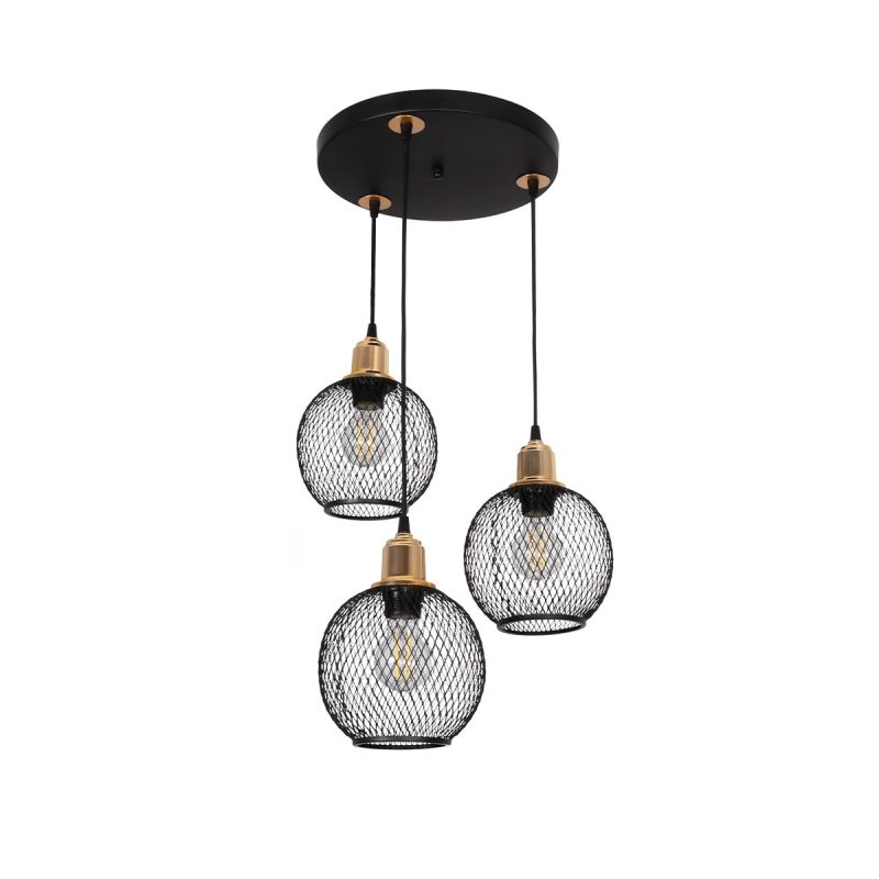 VIVIDUS Vintage Κρεμαστό Φωτιστικό Πλέγμα Τρίφωτο 3 x E27 IP20 Μαύρο & Χρυσό Μέταλλο - Μ40 x Π40 x Υ60cm