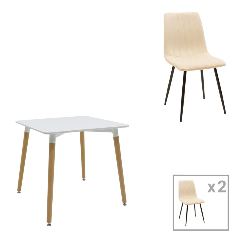 Τραπεζαρία Natali-Noor σετ 3τεμ MDF λευκό-μπεζ-πόδια φυσικό 80x80x76εκ