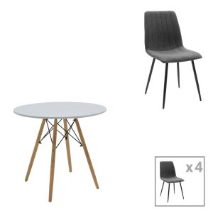 Τραπεζαρία Julita-Noor σετ 5τεμ MDF λευκό-ανθρακί-πόδια φυσικό Φ80x73εκ