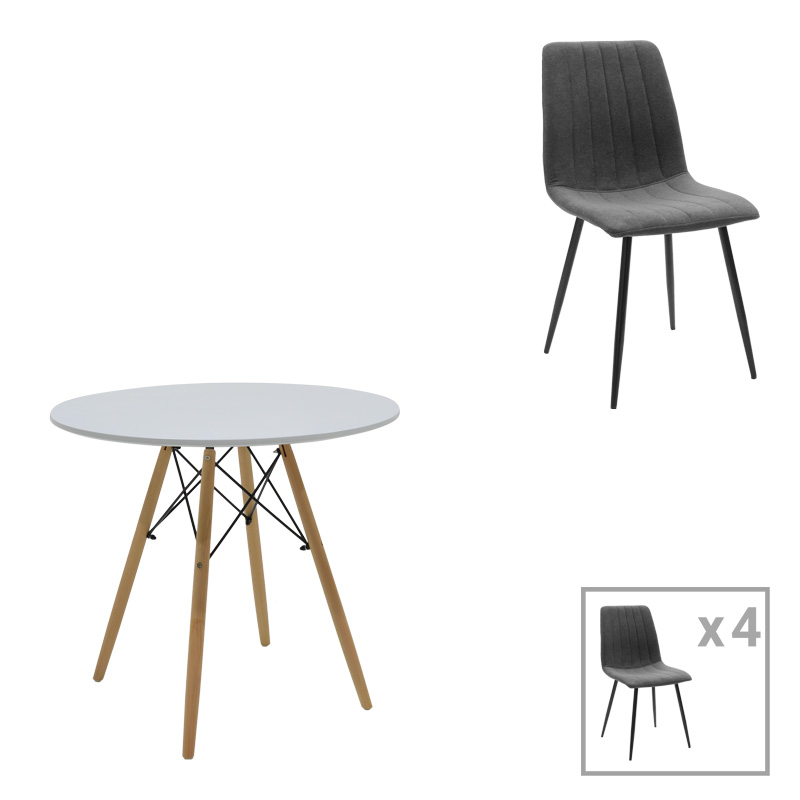 Τραπεζαρία Julita-Noor σετ 5τεμ MDF λευκό-ανθρακί-πόδια φυσικό Φ80x73εκ