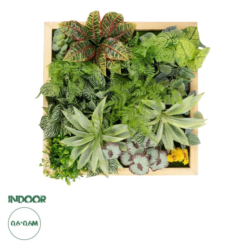 Artificial Garden VARIOUS PLANT Τεχνητό Διακοσμητικό Φυλλωσιάς σε Ξύλινο Πάνελ - Κάθετος Κήπος Μιξ Μ60 x Π60 x Υ32cm
