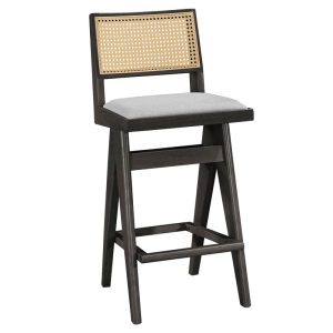 Σκαμπό bar Winslow ξύλο rubberwood μαύρο-pvc rattan φυσικό-ύφασμα γκρι 44.5x46x98εκ -Τιμή Σετ 2 τεμ.