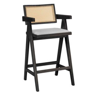 Σκαμπό bar Winslow ξύλο rubberwood μαύρο-pvc rattan φυσικό-ύφασμα γκρι -Τιμή Σετ 2 τεμ.
