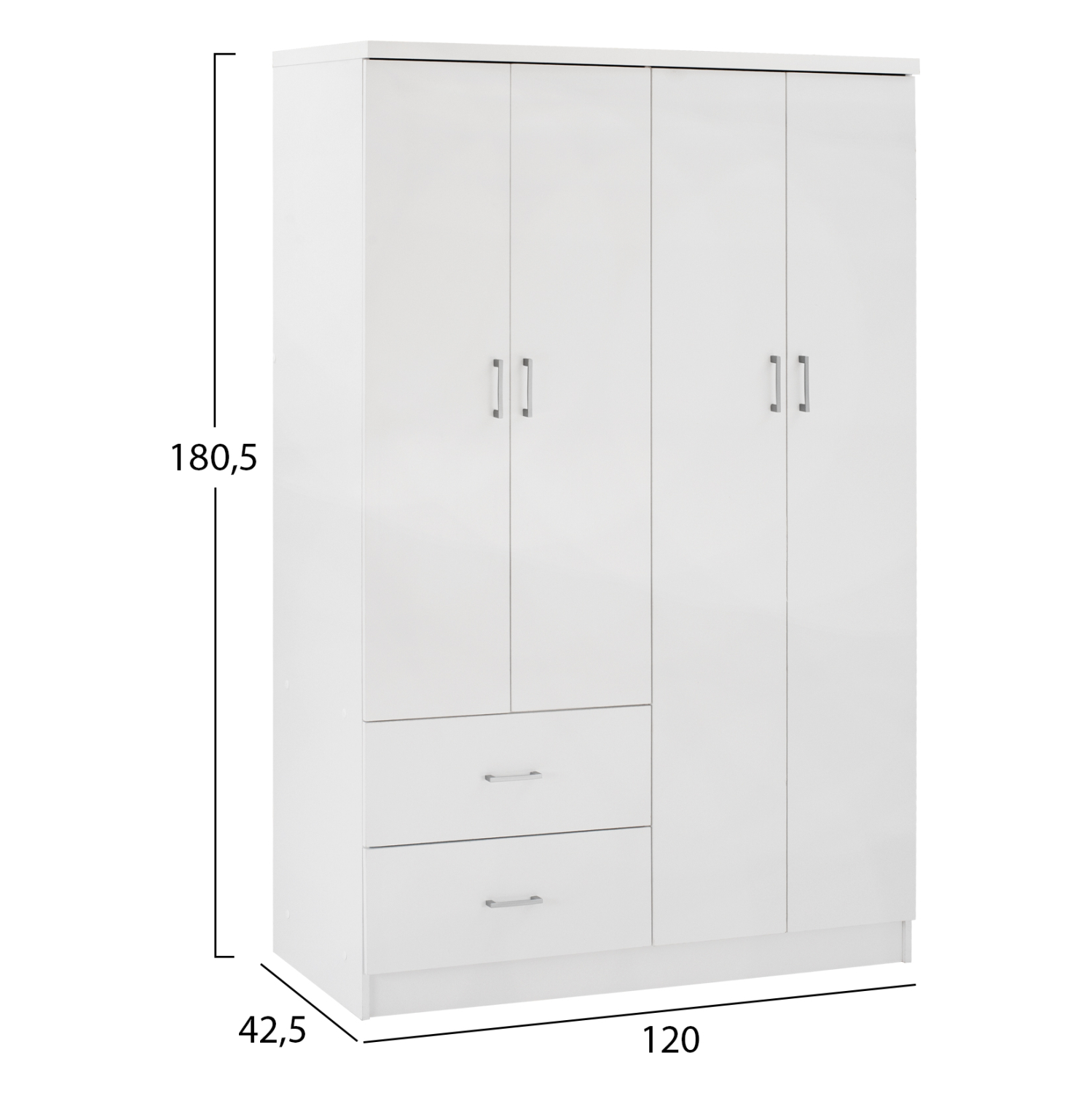 Ντουλάπα ρούχων τετράφυλλη REAL με 2 συρτάρια, 4 ράφια & κρεμάστρα χρώμα λευκό 120x42.5x180.5 - Image 2