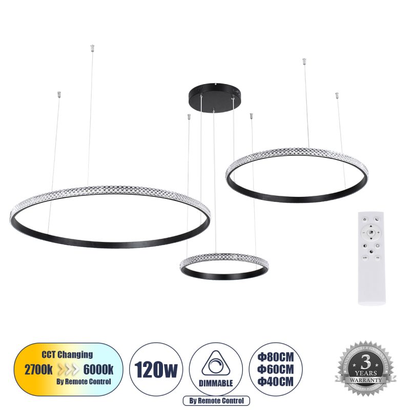 DIAMOND TRIO Μοντέρνο Κρεμαστό Φωτιστικό Οροφής LED 120W 14723lm 360° AC 220-240V IP20 Ρυθμιζόμενο Λευκό CCT με Χειριστήριο από 2700K έως 6000K Dimmable - Lumileds SMD Chip - Μαυρό Ματ - Μ150 x Π150 x Υ60cm