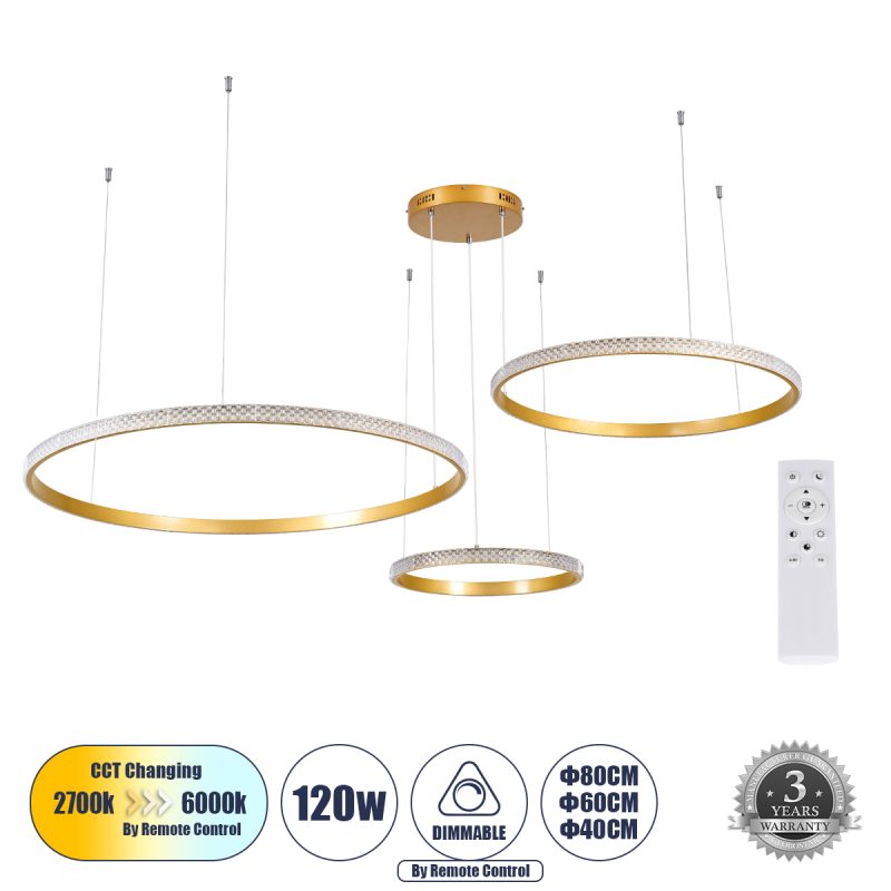 DIAMOND TRIO Μοντέρνο Κρεμαστό Φωτιστικό Οροφής LED 120W 14723lm 360° AC 220-240V IP20 Ρυθμιζόμενο Λευκό CCT με Χειριστήριο από 2700K έως 6000K Dimmable - Lumileds SMD Chip - Χρυσό Βούρτσας - Μ150 x Π150 x Υ60cm