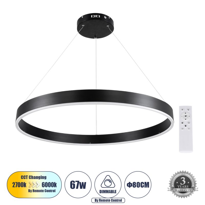 VENOM Μοντέρνο Κρεμαστό Φωτιστικό Οροφής LED 67W 7863lm 120° AC 220-240V IP20 Ρυθμιζόμενο Λευκό CCT με Χειριστήριο από 2700K έως 6000K Dimmable - Lumileds SMD Chip - Μαύρο Ματ - Μ80 x Π80 x Υ6.5cm