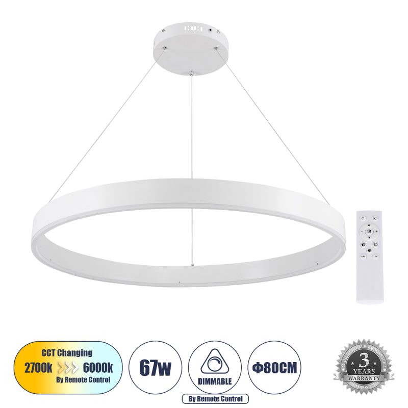 VENOM Μοντέρνο Κρεμαστό Φωτιστικό Οροφής LED 67W 7863lm 120° AC 220-240V IP20 Ρυθμιζόμενο Λευκό CCT με Χειριστήριο από 2700K έως 6000K Dimmable - Lumileds SMD Chip - Λευκό Ματ - Μ80 x Π80 x Υ6.5cm