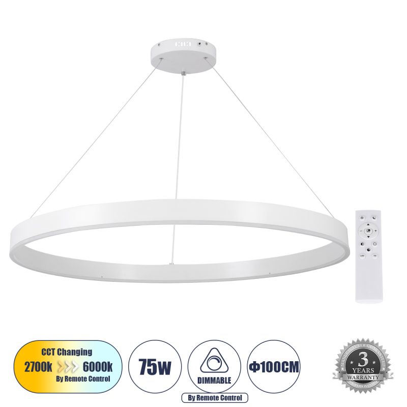 VENOM Μοντέρνο Κρεμαστό Φωτιστικό Οροφής LED 75W 8818lm 120° AC 220-240V IP20 Ρυθμιζόμενο Λευκό CCT με Χειριστήριο από 2700K έως 6000K Dimmable - Lumileds SMD Chip - Λευκό Ματ - Μ100 x Π100 x Υ6.5cm