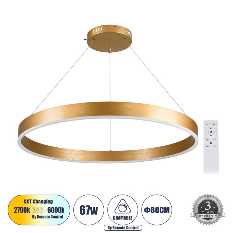 VENOM Μοντέρνο Κρεμαστό Φωτιστικό Οροφής LED 67W 7863lm 120° AC 220-240V IP20 Ρυθμιζόμενο Λευκό CCT με Χειριστήριο από 2700K έως 6000K Dimmable - Lumileds SMD Chip - Χρυσό Βούρτσας - Μ80 x Π80 x Υ6.5cm