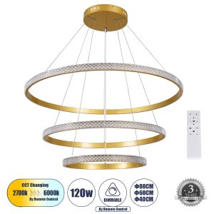 DIAMOND TRIO Μοντέρνο Κρεμαστό Φωτιστικό Οροφής LED 120W 14723lm 360° AC 220-240V IP20 Ρυθμιζόμενο Λευκό CCT με Χειριστήριο από 2700K έως 6000K Dimmable - Lumileds SMD Chip - Χρυσό Βούρτσας - Μ80 x Π80 x Υ60cm