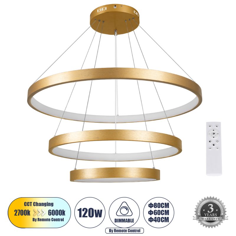 NEMESIS TRIO Μοντέρνο Κρεμαστό Φωτιστικό Οροφής LED 120W 14723lm 360° AC 220-240V IP20 Ρυθμιζόμενο Λευκό CCT με Χειριστήριο από 2700K έως 6000K Dimmable - Lumileds SMD Chip - Χρυσό Βούρτσας - Μ80 x Π80 x Υ60cm