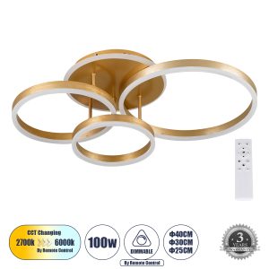 VENOM Μοντέρνο Φωτιστικό Οροφής LED 100W 12100lm 360° AC 220-240V IP20 Ρυθμιζόμενο Λευκό CCT με Χειριστήριο από 2700K έως 6000K Dimmable - Lumileds SMD Chip - Χρυσό Βούρτσας - Μ70 x Π40 x Υ16cm