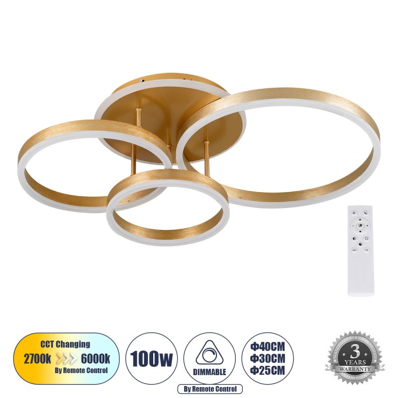 VENOM Μοντέρνο Φωτιστικό Οροφής LED 100W 12100lm 360° AC 220-240V IP20 Ρυθμιζόμενο Λευκό CCT με Χειριστήριο από 2700K έως 6000K Dimmable - Lumileds SMD Chip - Χρυσό Βούρτσας - Μ70 x Π40 x Υ16cm