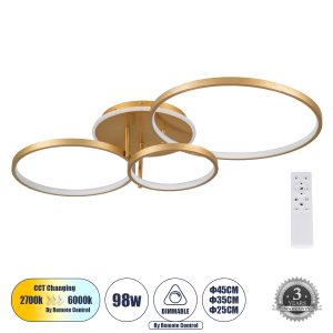 NEMESIS Μοντέρνο Φωτιστικό Οροφής LED 98W 11858lm 360° AC 220-240V IP20 Ρυθμιζόμενο Λευκό CCT με Χειριστήριο από 2700K έως 6000K Dimmable - Lumileds SMD Chip - Χρυσό Βούρτσας - Μ89 x Π60 x Υ19cm