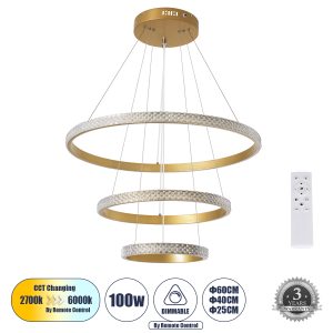 DIAMOND TRIO Μοντέρνο Κρεμαστό Φωτιστικό Οροφής LED 100W 12123lm 360° AC 220-240V IP20 Ρυθμιζόμενο Λευκό CCT με Χειριστήριο από 2700K έως 6000K Dimmable - Lumileds SMD Chip - Χρυσό Βούρτσας - Μ60 x Π60 x Υ60cm