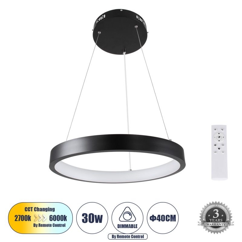 NEMESIS Μοντέρνο Κρεμαστό Φωτιστικό Οροφής LED 30W 3513lm 360° AC 220-240V IP20 Ρυθμιζόμενο Λευκό CCT με Χειριστήριο από 2700K έως 6000K Dimmable - Lumileds SMD Chip - Μαυρό Ματ - Μ40 x Π40 x Υ4cm