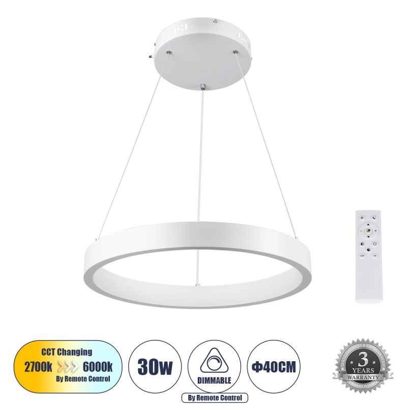 NEMESIS Μοντέρνο Κρεμαστό Φωτιστικό Οροφής LED 30W 3513lm 360° AC 220-240V IP20 Ρυθμιζόμενο Λευκό CCT με Χειριστήριο από 2700K έως 6000K Dimmable - Lumileds SMD Chip - Λευκό Ματ - Μ40 x Π40 x Υ4cm
