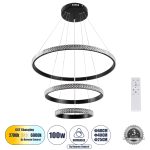 DIAMOND TRIO Μοντέρνο Κρεμαστό Φωτιστικό Οροφής LED 100W 12123lm 360° AC 220-240V IP20 Ρυθμιζόμενο Λευκό CCT με Χειριστήριο από 2700K έως 6000K Dimmable - Lumileds SMD Chip - Μαυρό Ματ - Μ60 x Π60 x Υ60cm