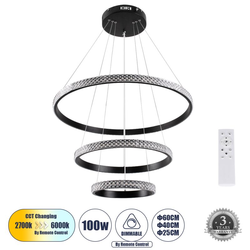 DIAMOND TRIO Μοντέρνο Κρεμαστό Φωτιστικό Οροφής LED 100W 12123lm 360° AC 220-240V IP20 Ρυθμιζόμενο Λευκό CCT με Χειριστήριο από 2700K έως 6000K Dimmable - Lumileds SMD Chip - Μαυρό Ματ - Μ60 x Π60 x Υ60cm