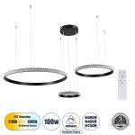 DIAMOND TRIO Μοντέρνο Κρεμαστό Φωτιστικό Οροφής LED 100W 12123lm 360° AC 220-240V IP20 Ρυθμιζόμενο Λευκό CCT με Χειριστήριο από 2700K έως 6000K Dimmable - Lumileds SMD Chip - Μαυρό Ματ - Μ110 x Π110 x Υ60cm