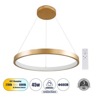 NEMESIS Μοντέρνο Κρεμαστό Φωτιστικό Οροφής LED 45W 5230lm 360° AC 220-240V IP20 Ρυθμιζόμενο Λευκό CCT με Χειριστήριο από 2700K έως 6000K Dimmable - Lumileds SMD Chip - Χρυσό Βούρτσας - Μ60 x Π60 x Υ4cm