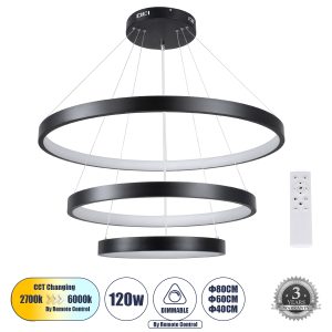 NEMESIS TRIO Μοντέρνο Κρεμαστό Φωτιστικό Οροφής LED 120W 14723lm 360° AC 220-240V IP20 Ρυθμιζόμενο Λευκό CCT με Χειριστήριο από 2700K έως 6000K Dimmable - Lumileds SMD Chip - Μαύρο Ματ - Μ80 x Π80 x Υ60cm