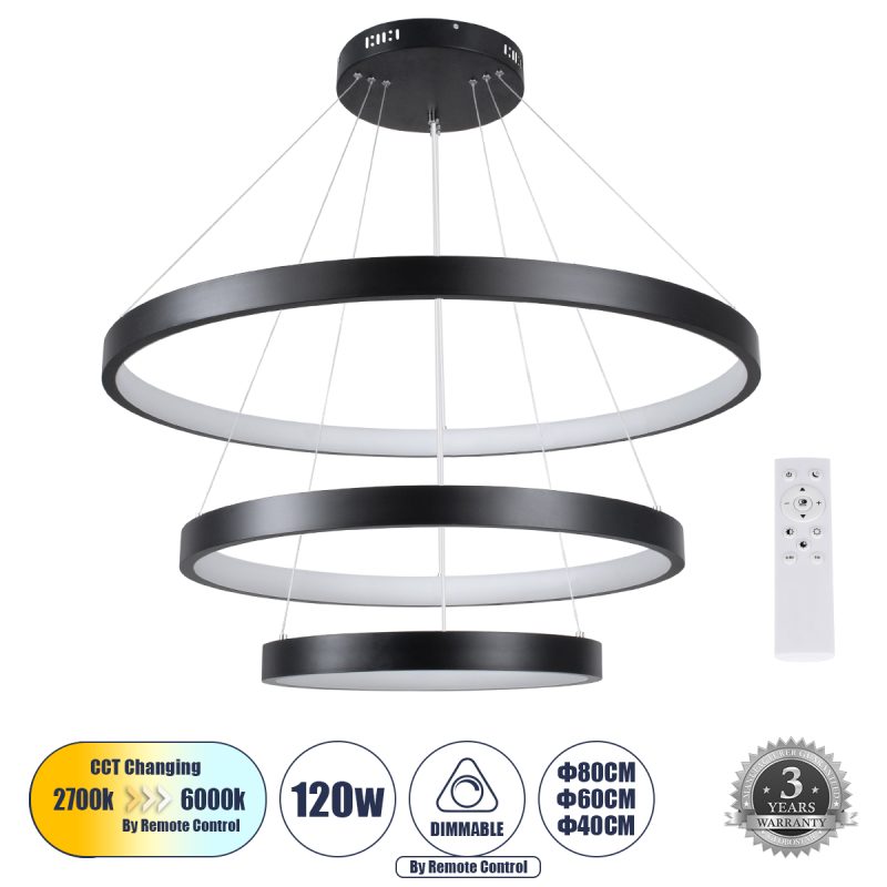 NEMESIS TRIO Μοντέρνο Κρεμαστό Φωτιστικό Οροφής LED 120W 14723lm 360° AC 220-240V IP20 Ρυθμιζόμενο Λευκό CCT με Χειριστήριο από 2700K έως 6000K Dimmable - Lumileds SMD Chip - Μαύρο Ματ - Μ80 x Π80 x Υ60cm