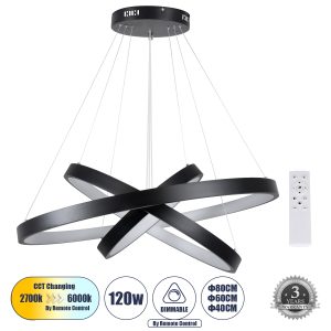 NEMESIS TRIO -DECO Μοντέρνο Κρεμαστό Φωτιστικό Οροφής LED 120W 14723lm 360° AC 220-240V IP20 Ρυθμιζόμενο Λευκό CCT με Χειριστήριο από 2700K έως 6000K Dimmable - Lumileds SMD Chip - Μαύρο - Μ80 x Π80 x Υ90cm